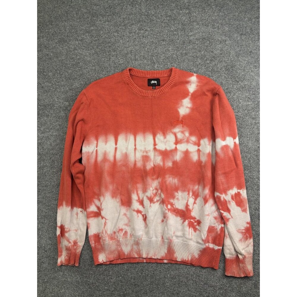 Stussy Sweater Mens XL Orange 100% Cotton Tie Dye Crewneck Knit‎ Pullover
